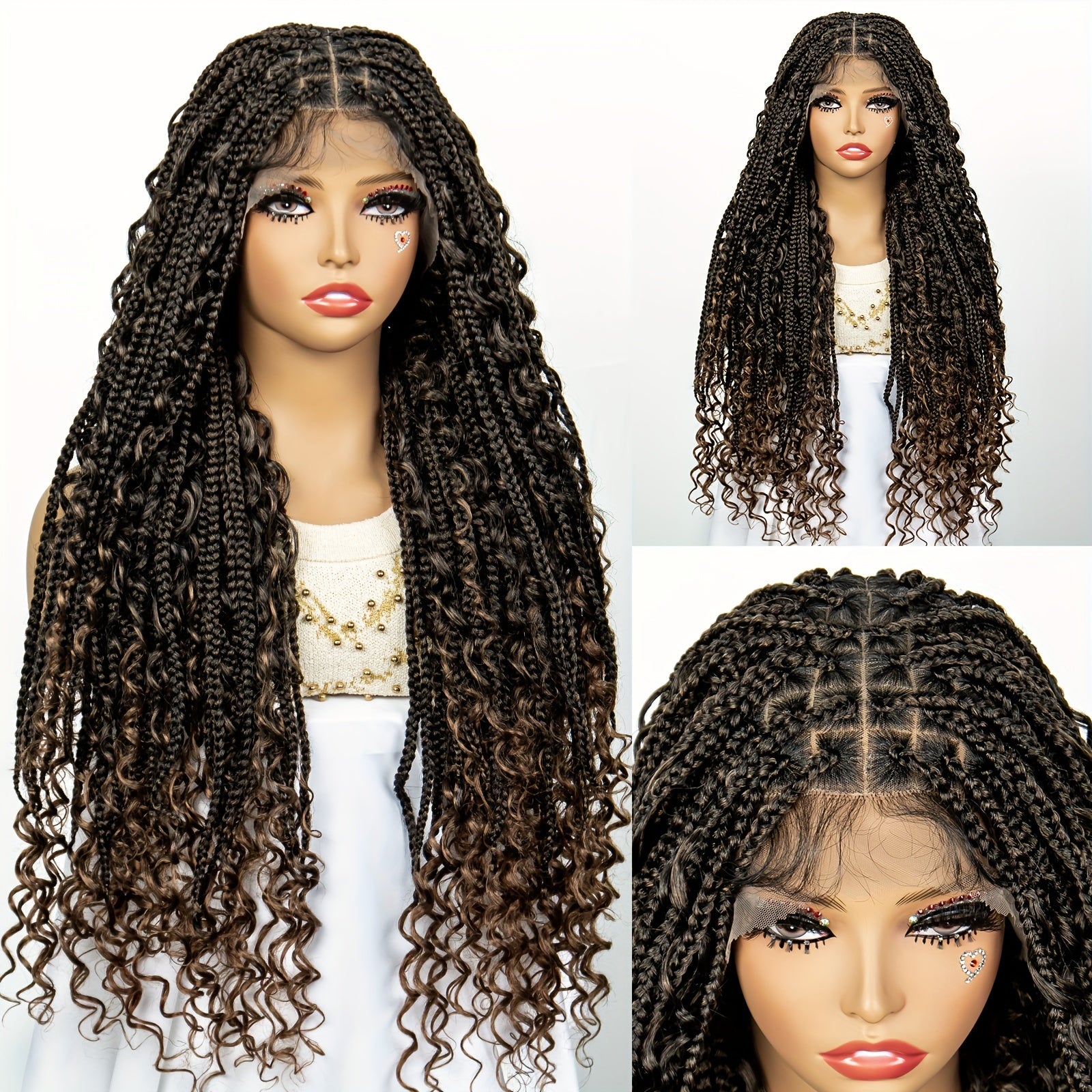 Full Lace Women's Bohemian Knotless Braided Full Lace Wig, Long Goddess Braided Wig, Curly Synthetic Braids With Baby Hair, Synthetic Bohemian Braided Wig